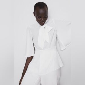 Zara White Peplum Blouse Batwing Sleeve Necktie Bow Size Small
